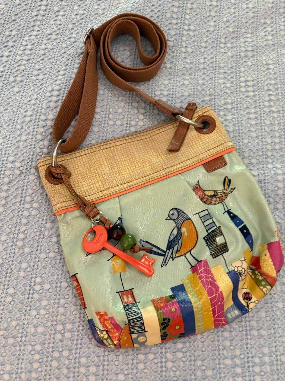 Fossil Key-Per City Birds Coated Canvas Crossbody Bag with Keychain Like New - Picture 2 of 15
